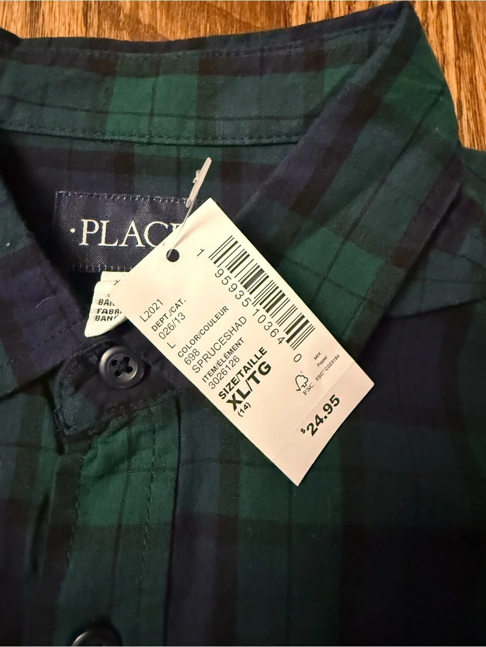 The Children's Place Green & Navy Plaid Button-Down Shirt XL size 14